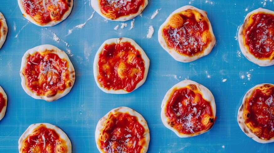 Mini pizzas on a blue conveyor belt