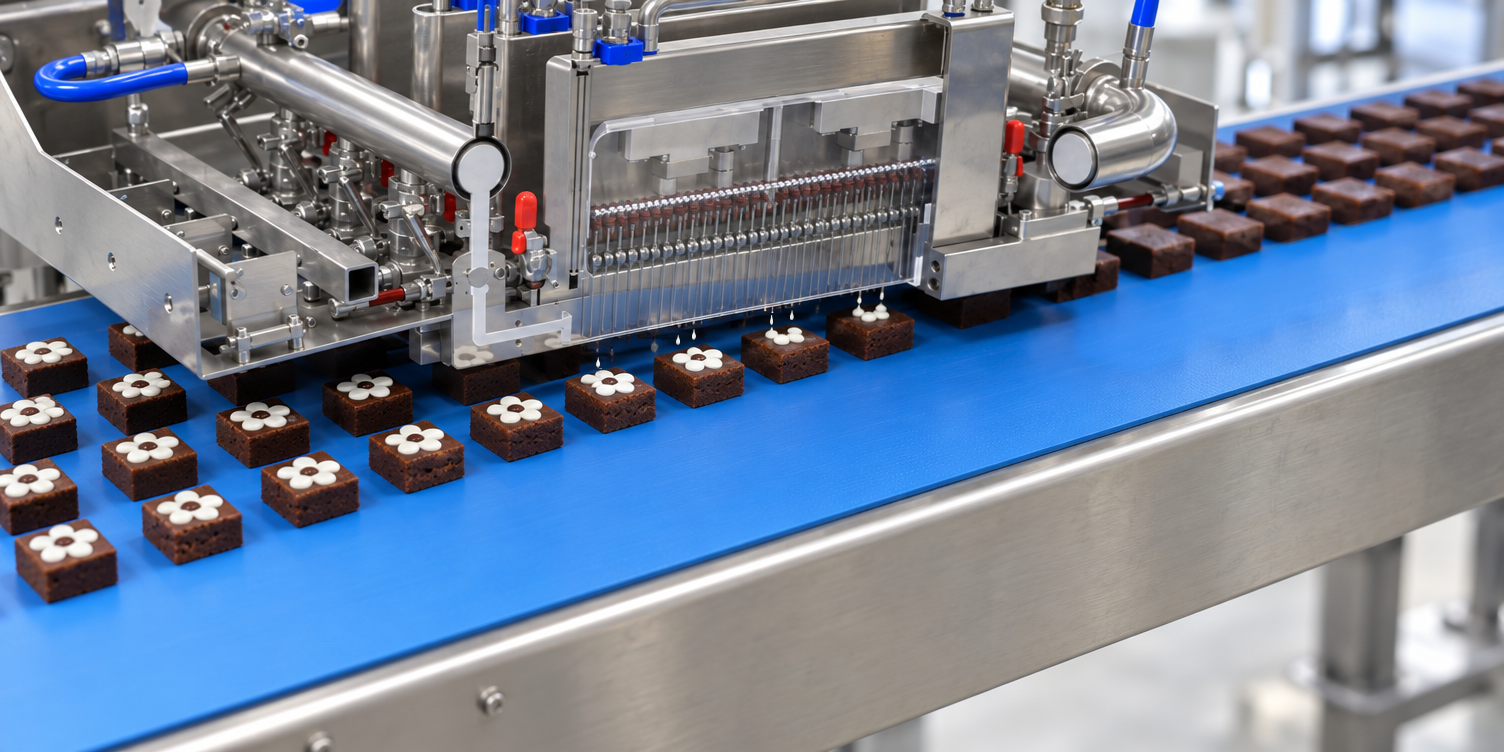 Depositing head placing a white flower decoration on chocolate brownies on a conveyor belt