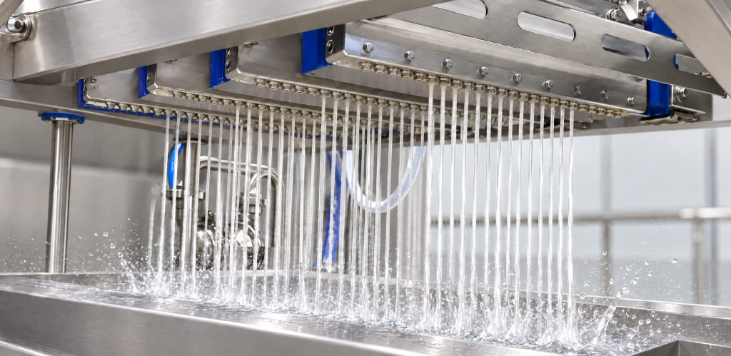 Close-up of a depositing head during cleaning, rinse water jetting from the nozzles at high pressure