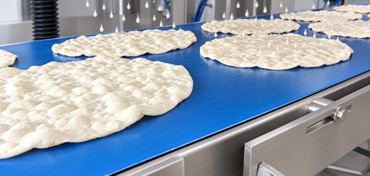 Flatbreads on a blue conveyor under the depositing heads, with drops falling onto the dough