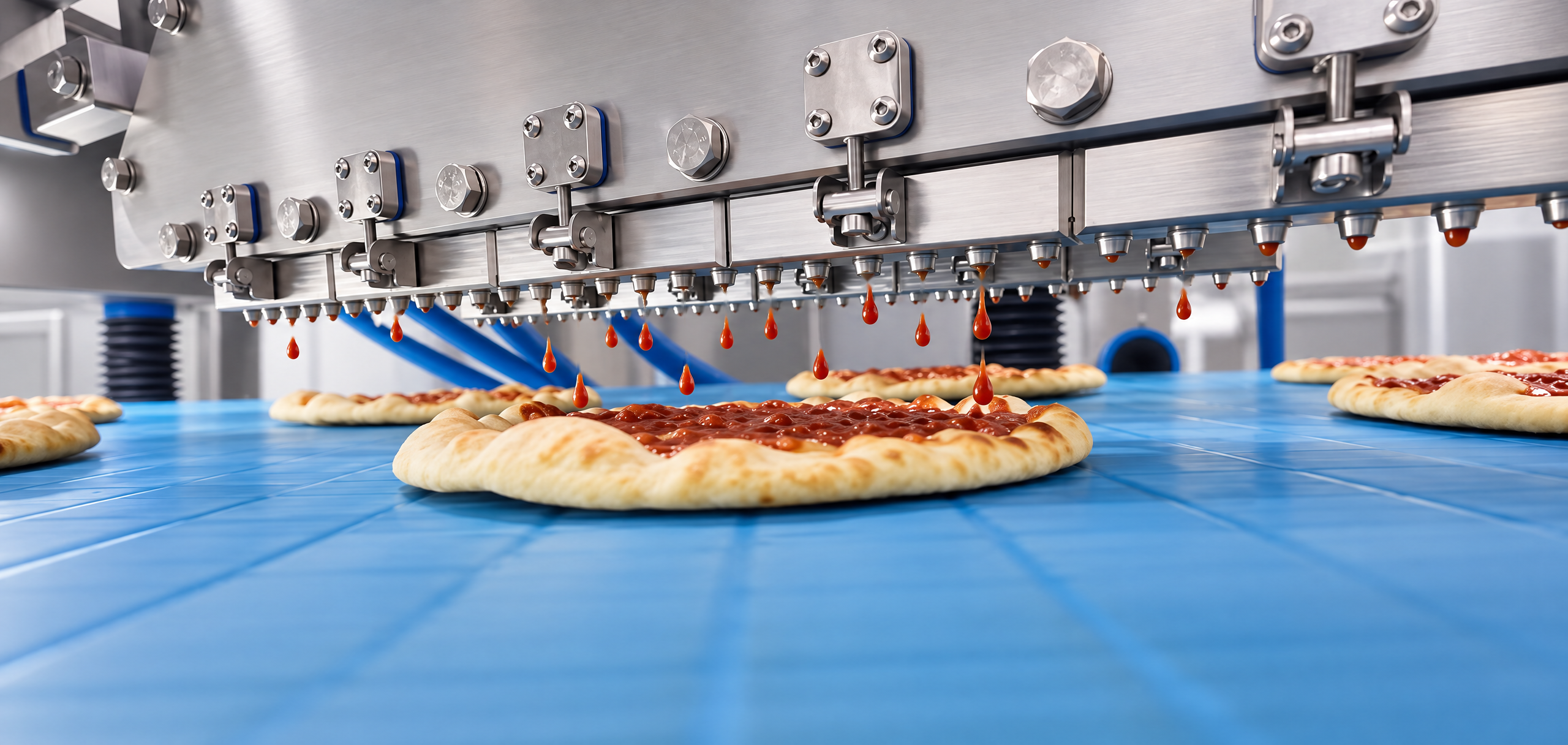 Depositing heads placing tomato sauce in drops on a pizza base on a blue conveyor, seen from a low angle