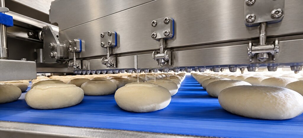 Bread rolls on a blue conveyor passing under a row of depositing nozzles