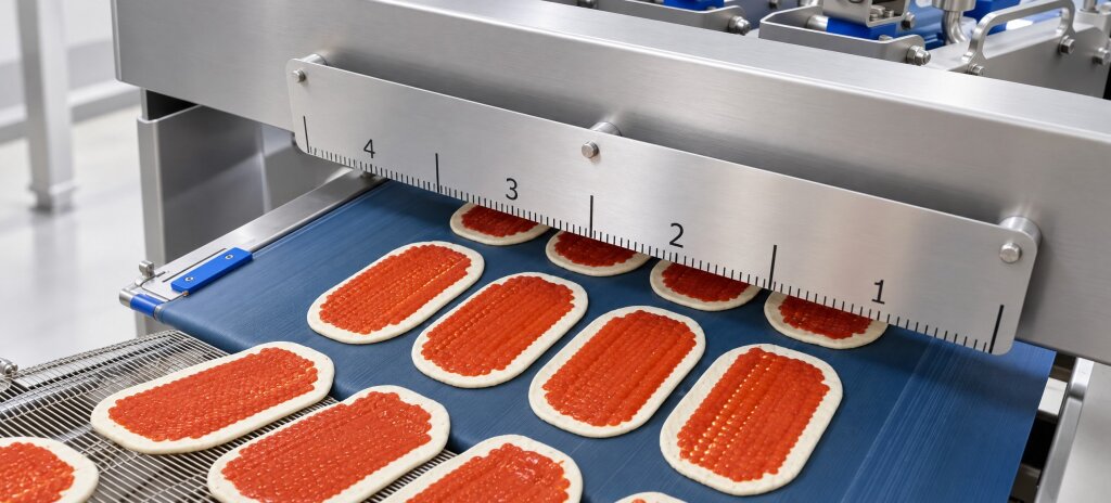 Oval pizza bases with rows of tomato sauce beads under the depositor hood