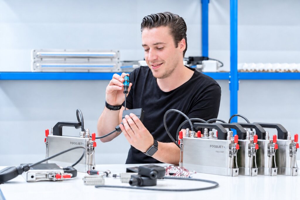 Engineer testing depositing heads on a workbench