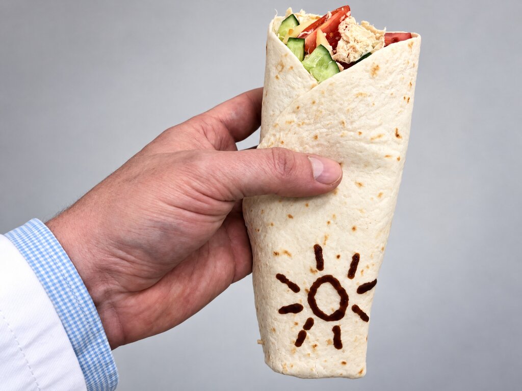 Wrap with chicken and vegetables held in a hand, with a sun decoration in dark sauce on the tortilla