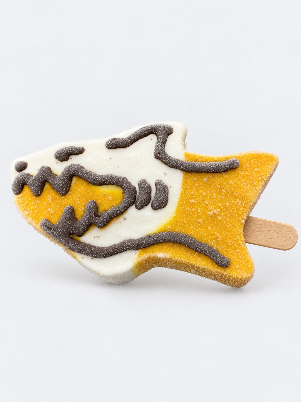 Shark-shaped ice lolly on a stick with a dark chocolate line drawing