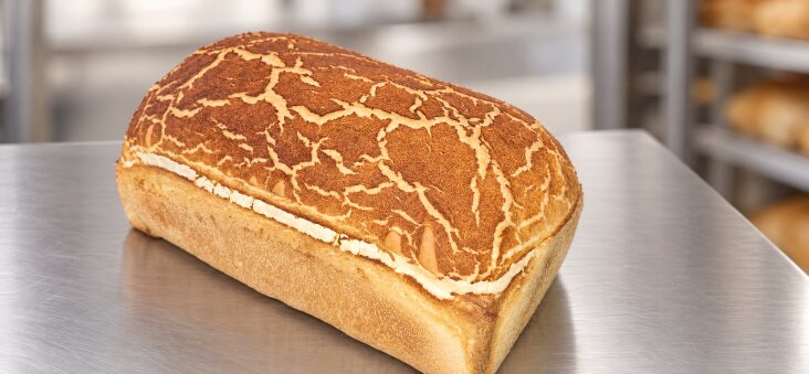 Tiger bread loaves on a stainless steel table