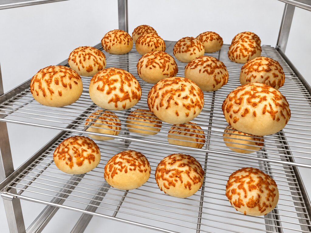 Cheese-topped rolls on the wire shelves of a stainless steel rack
