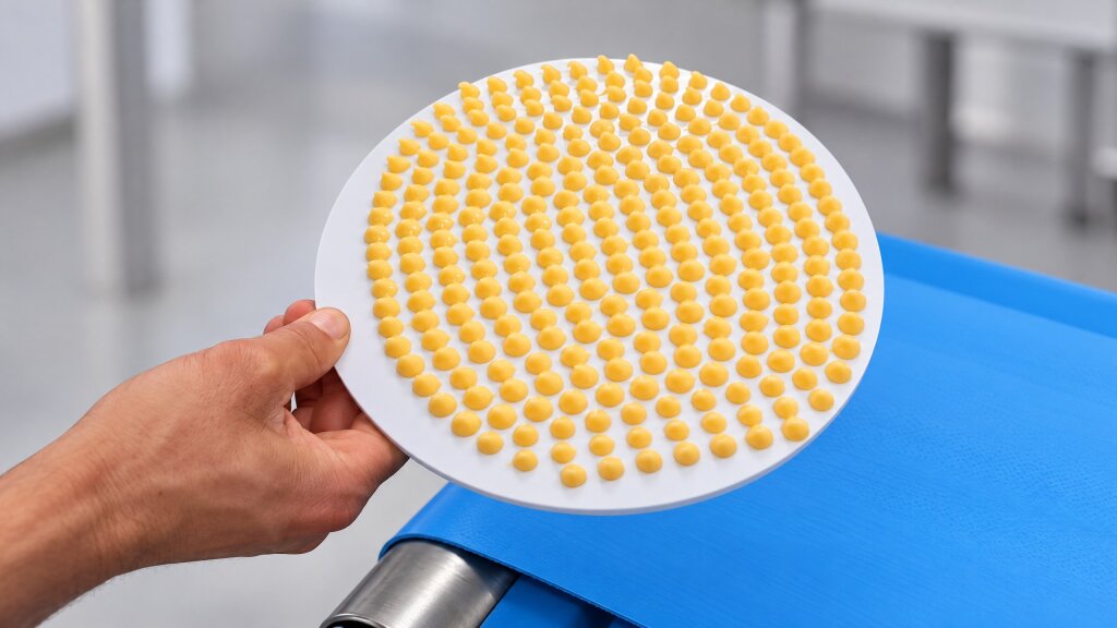 White carrier disc with a grid of separate yellow dots, held in one hand above a blue belt